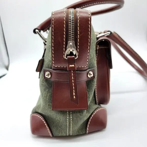 Dooney & Bourke Green Signature Logo Canvas Leather Double Pocket Tote Bag Purse - Picture 6 of 14